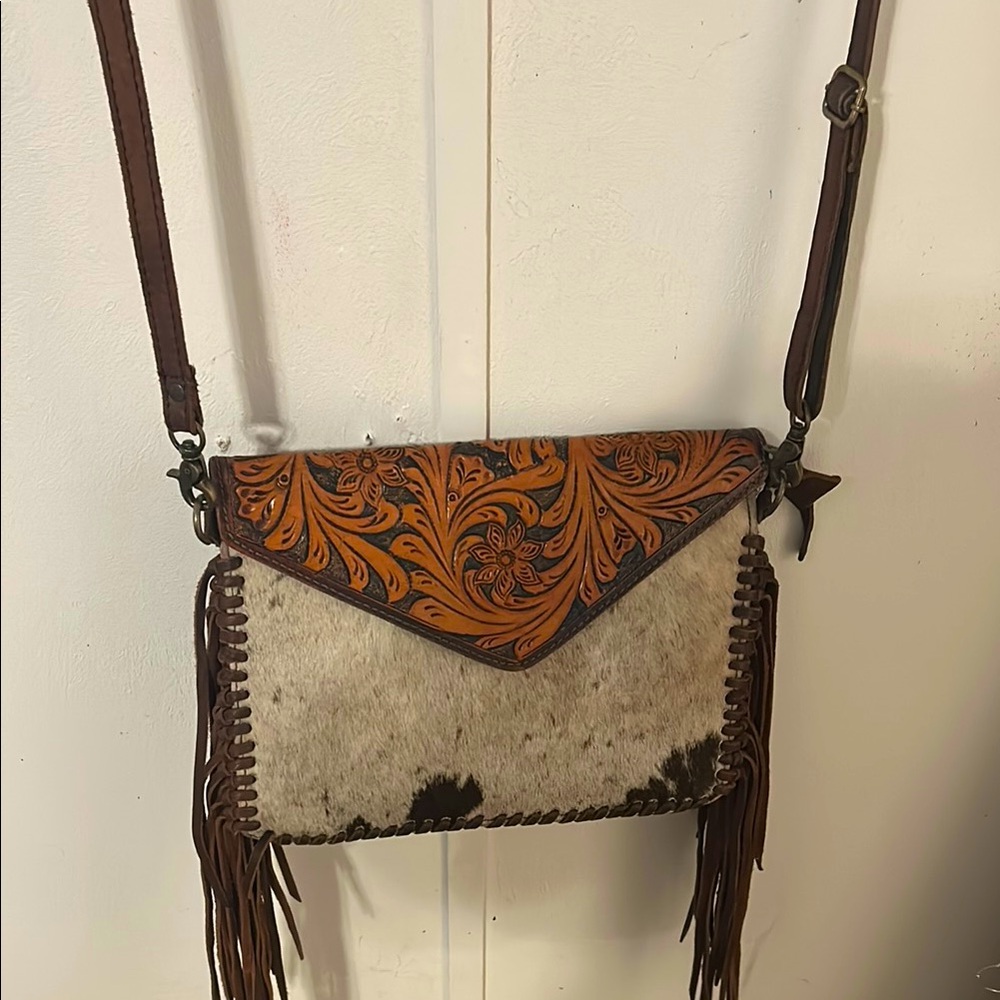 American Darling Brown and Tan Crossbody Bag with Tooled Leather